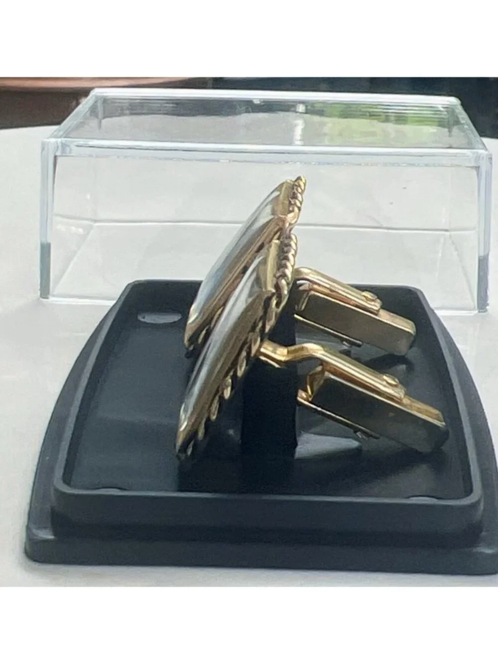 Vintage Gold-Tone Rectangular Cufflinks With Painted Portrait Design